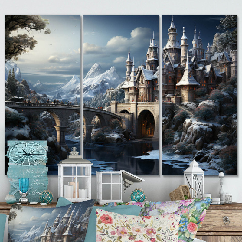 Château d'hiver sur toile, reproduction de 3 pièces, H 28 po x l 36 po x P 1 po