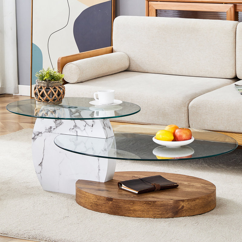 Table basse contemporaine à double couche artistique - marbre blanc et collage de grain de bois, plusieurs couleurs disponibles. Autocollant de panneau de densité, verre renforcé,