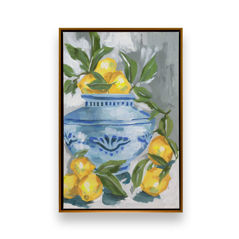 «Indigo & Lemon I» par Melissa Wang, reproduction d'art, H 48 po x l 36 po, Doré