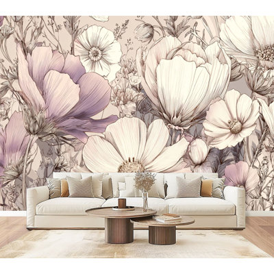 Papier peint à peler et coller Rustic Wildflower Meadow, pastels poussiéreux doux, botanique, rustique, peintures murales, H 69 po x l 96 po, papier peint amovible en PVC, adhésif mural pour chambre à coucher, bureau à domicile
