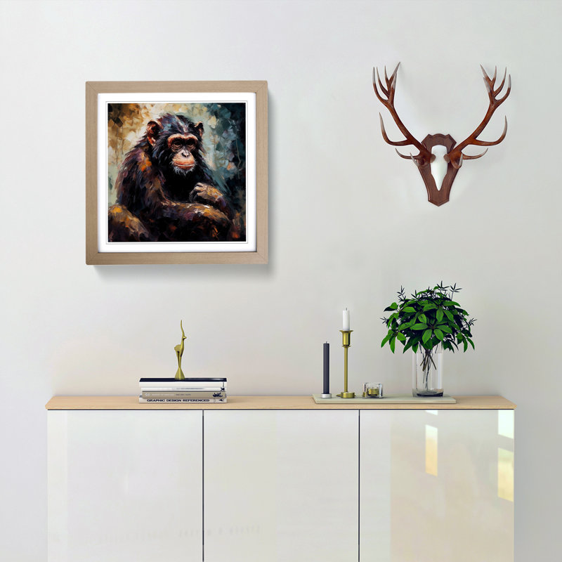 Monkey Palette Knife Painting No.2 - Single Picture Frame Print on Wood, Oak