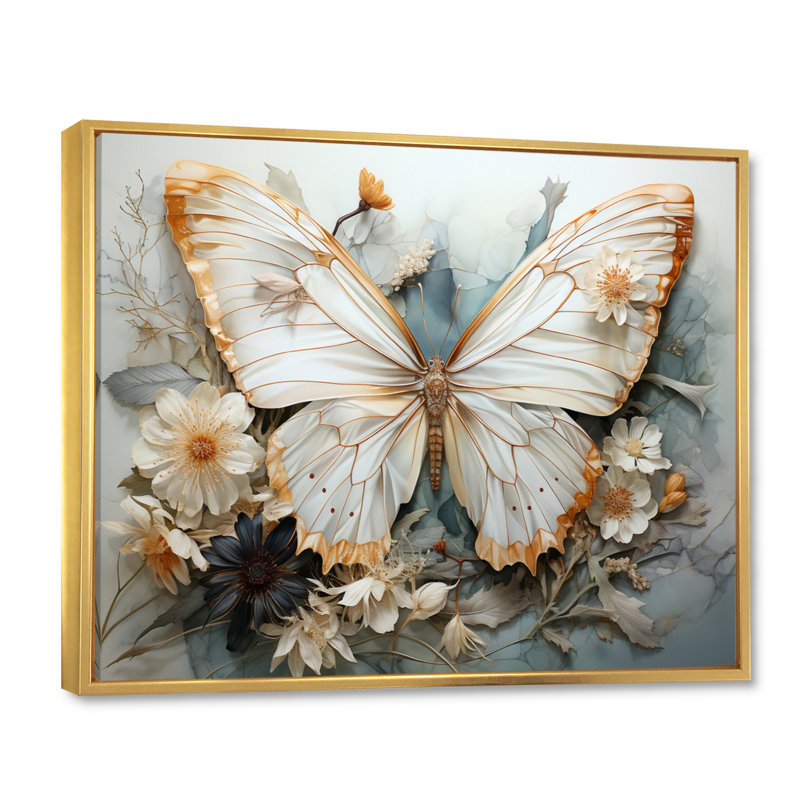 «Bisson White Gray Butterfly», reproduction sur toile encadrée, Reproduction avec cadre flottant, H 12 po x l 20 po, Doré