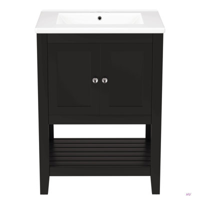 Lavabo de salle de bain moderne élégant en céramique 24 po avec tablette ouverte en bois massif