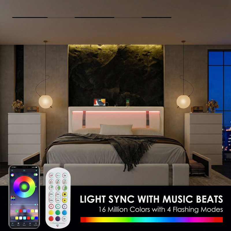 Ensemble de chambre à coucher 3 pièces avec lit de rangement et 2 commodes à 5 tiroirs, Grand lit, White