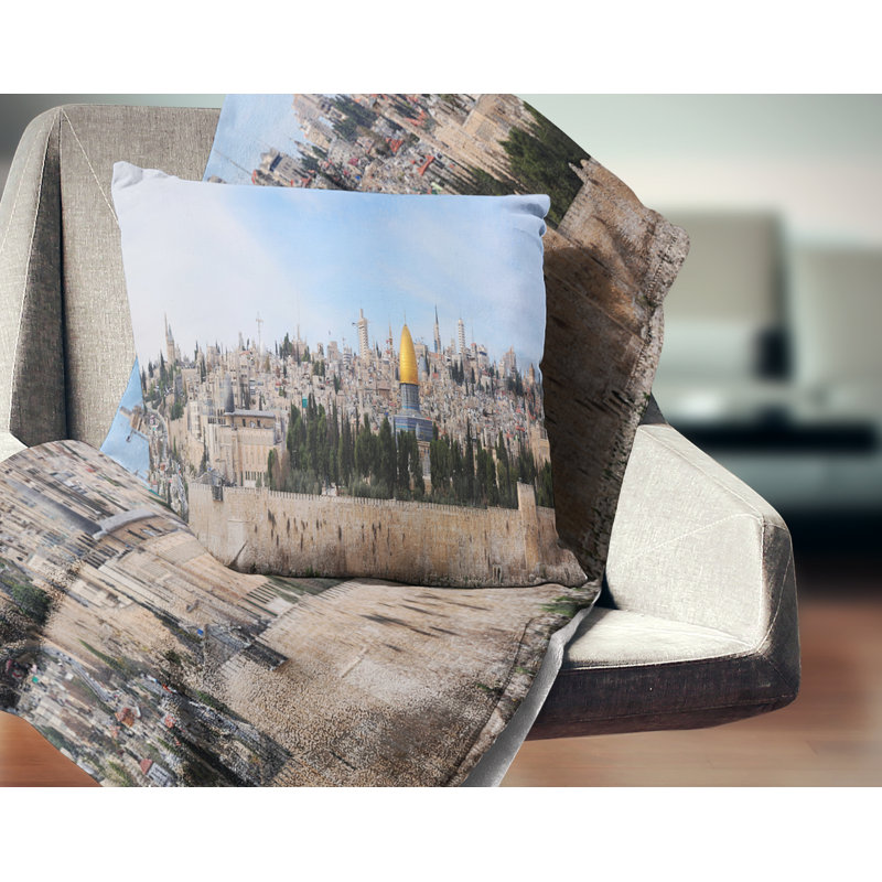 Panorama du paysage urbain de Jérusalem - coussin imprimé Cityscape, 18 po x 18 po, Coussin décoratif