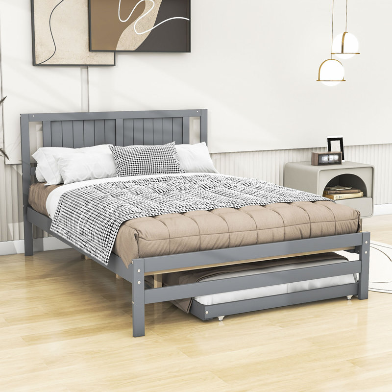 Daryna Full Size Wood Platform Bed with Trundle, Gray