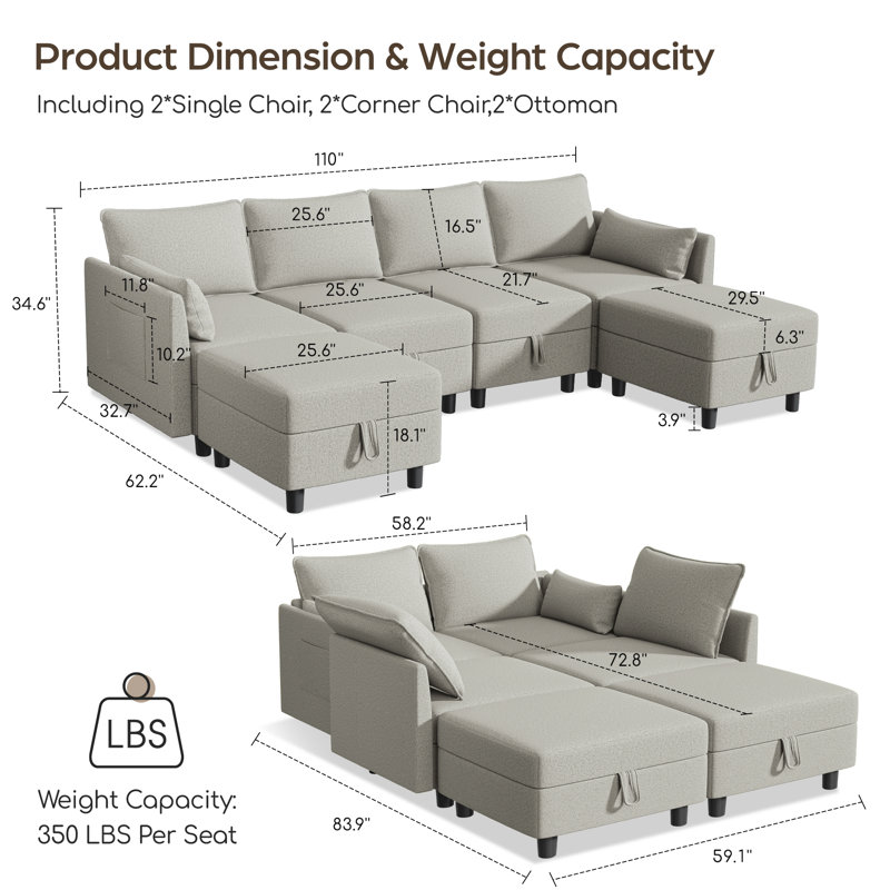Canapé modulaire rembourré 6 pièces avec rangement sous le siège 6 pièces, Mélange de polyester blanc cassé