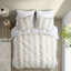 Housse de couette en coton double / grand - avec rayures brodées grises, revers imprimé, 4 attaches à rayures et attaches, lavable à la machine
