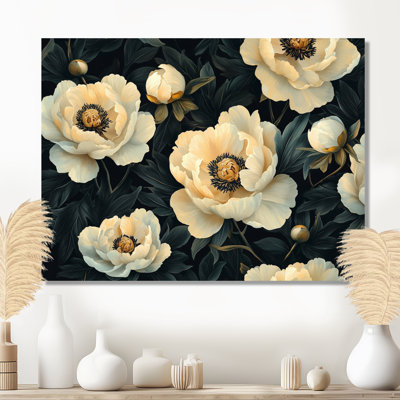 Noir noir beige pivoines II - pivoines, art mural métallique traditionnel