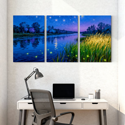 Abstrait, ciel nocturne, rivière, herbe, lucioles, reflet, étoiles, arbres, ensemble de 3 impressions sur toile