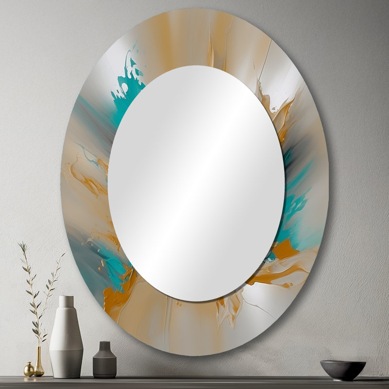 Marbre jaune et turquoise Fuild Ink - miroir mural ovale moderne jaune, 43 po x 33 po