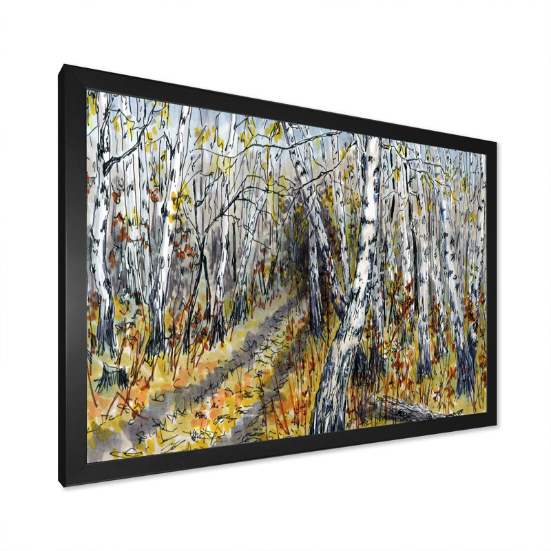 Chemin à travers la forêt de bouleaux - reproduction sur toile avec cadre flottant, Cadre noir, H 8 po x l 12 po x P 1 po