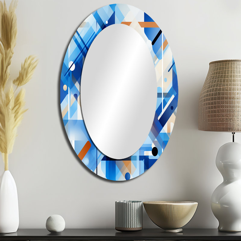 Romeshia bleu cobalt et grille blanche géométrique - grand miroir mural, miroir unique bleu, impression d'art en métal, Ovale