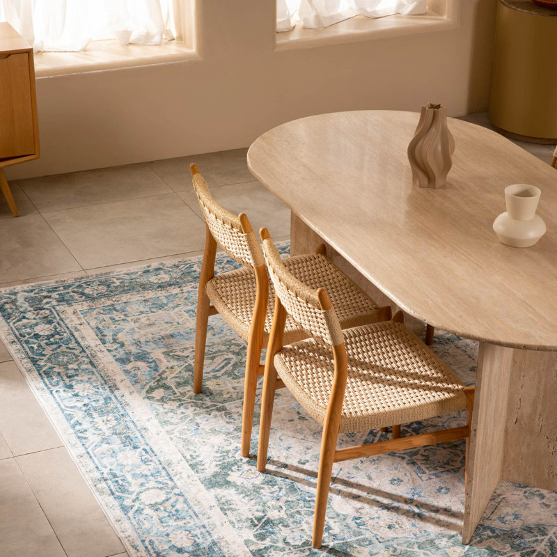 Tapis oriental ivoire délavé à la machine Octavia, bleu octavia, Rectangle 8 pi x 10 pi