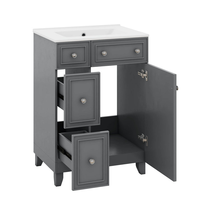 Meuble-lavabo en bois massif 24 po avec lavabo en céramique, 1 porte à fermeture douce et 2 tiroirs, Gris
