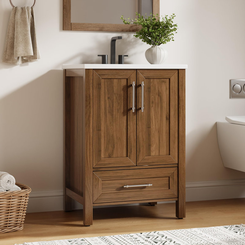 24" Bathroom Vanity with Ceramic Basin Storage Cabinet Drawer Soft Closing Doors Single Sink Integral Top for Bathroom