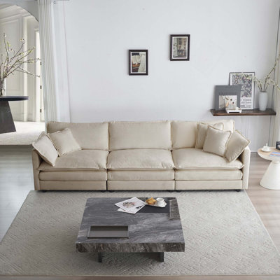 Canapé 3 places de style Mid-Century moderne avec accoudoirs et coussins décoratifs, structure robuste, tissu chenille respirant, combinaison flexible, confort supérieur, assemblage facile