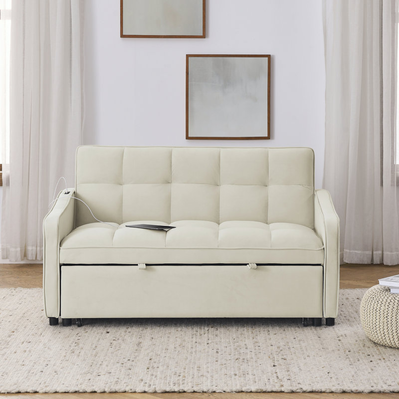 Collinward 53" W Murphy Sofa Bed Loveseat with Adjustable Tufted Back and USB Outlet, Beige Velvet, 31" H x 47" W x 36.5" D
