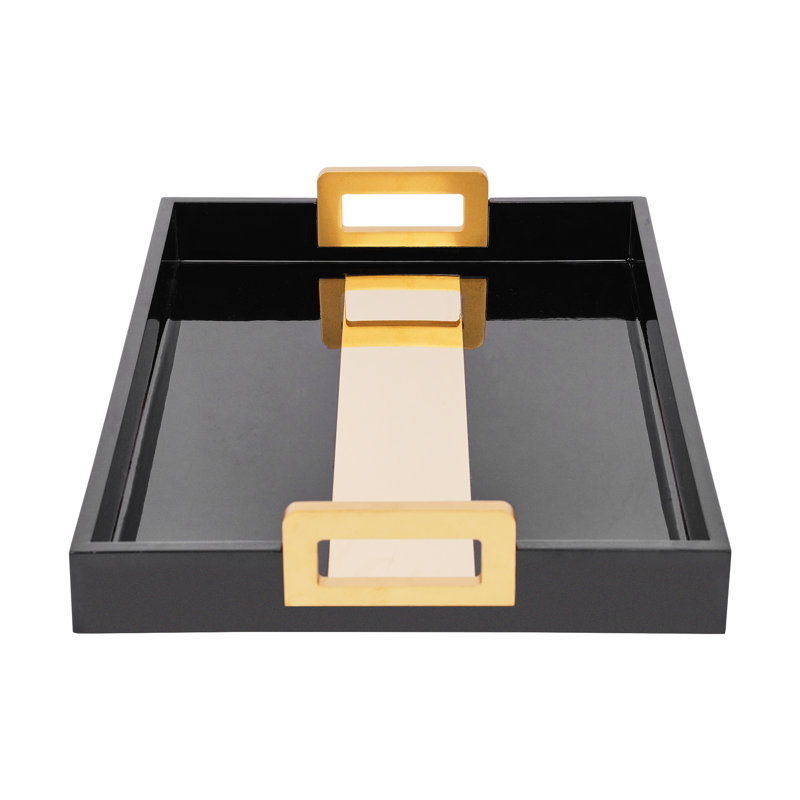 Plateau décoratif rectangulaire avec poignées en métal doré et base antidérapante, Noir