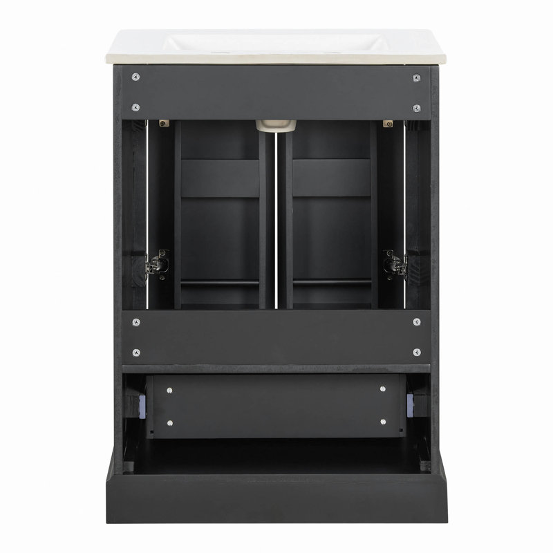Meuble-lavabo 24 po avec lavabo, armoire en panneau de fibres à densité moyenne avec cadre en bois massif, 1 tiroir divisé et 2 portes à fermeture douce avec supports de rangement à deux portes, meuble-lavabo autoportant