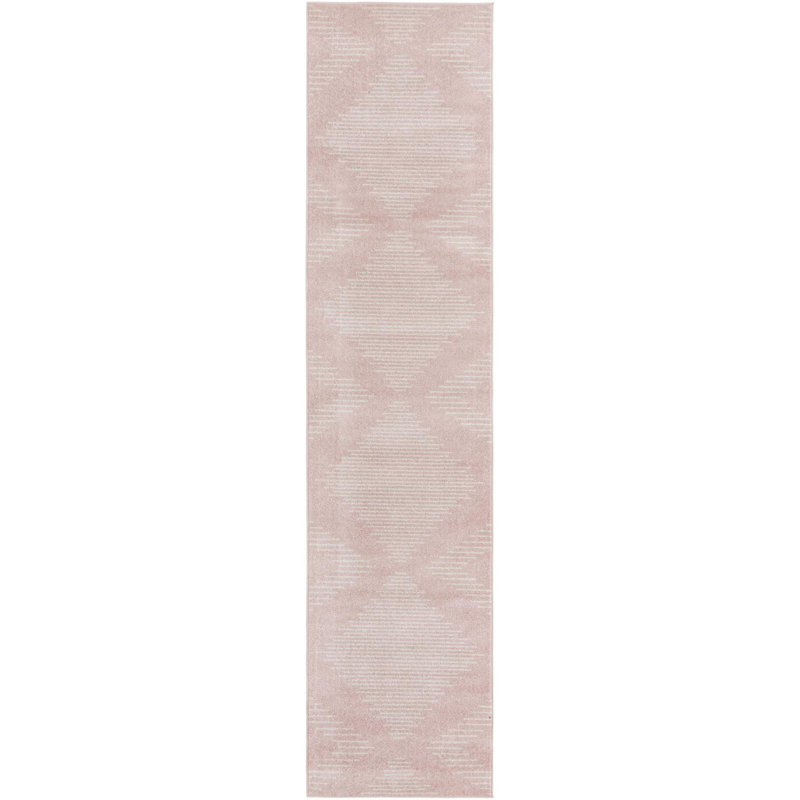 Tapis rayé en polypropylène tissé à la machine en rose clair / ivoire, Tapis de couloir 3 pi 3 po x 14 pi