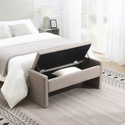 Banc de bout de lit moderne avec rangement, grand tabouret de repose-pieds rembourré, banc de meuble-lavabo de fenêtre confortable pour salon, chambre à coucher, dortoir, table basse, lin gris brun