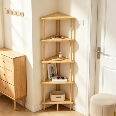 Étagère d'angle en bambou, bibliothèque d'angle à 5 niveaux pour petits espaces, présentoir à plantes multifonctionnel, bibliothèque de style ferme naturelle, montage facile