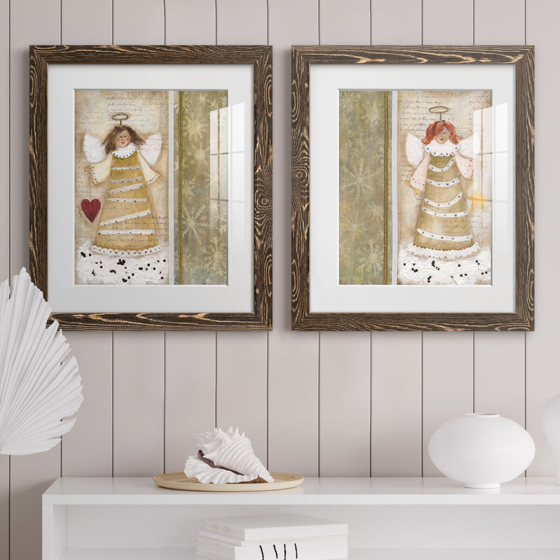 «Cloud Angel with Heart», ensemble de 2 peintures, H 24 po x l 36 po x P 1,5 po, Papier, cadre noyer, Blanc