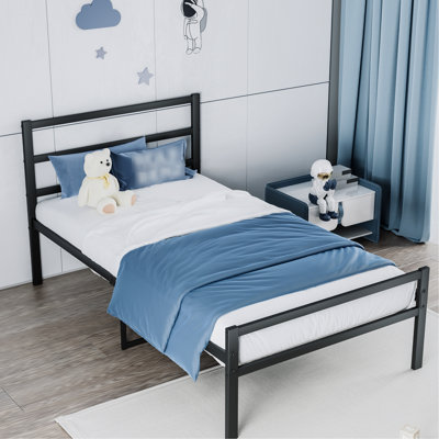 Lit plateforme noir en métal avec tête de lit - stable, aucun sommier nécessaire, cadre de nuit inclus, lit simple, sommier, bruit