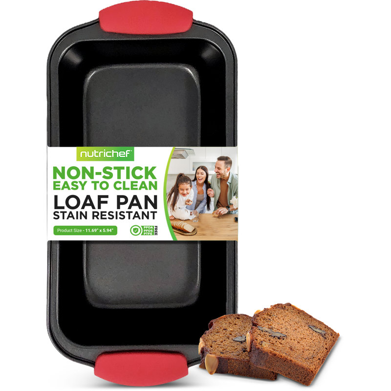 NutriChef Non-Stick Carbon Steel Loaf Pan with Red Silicone Handles