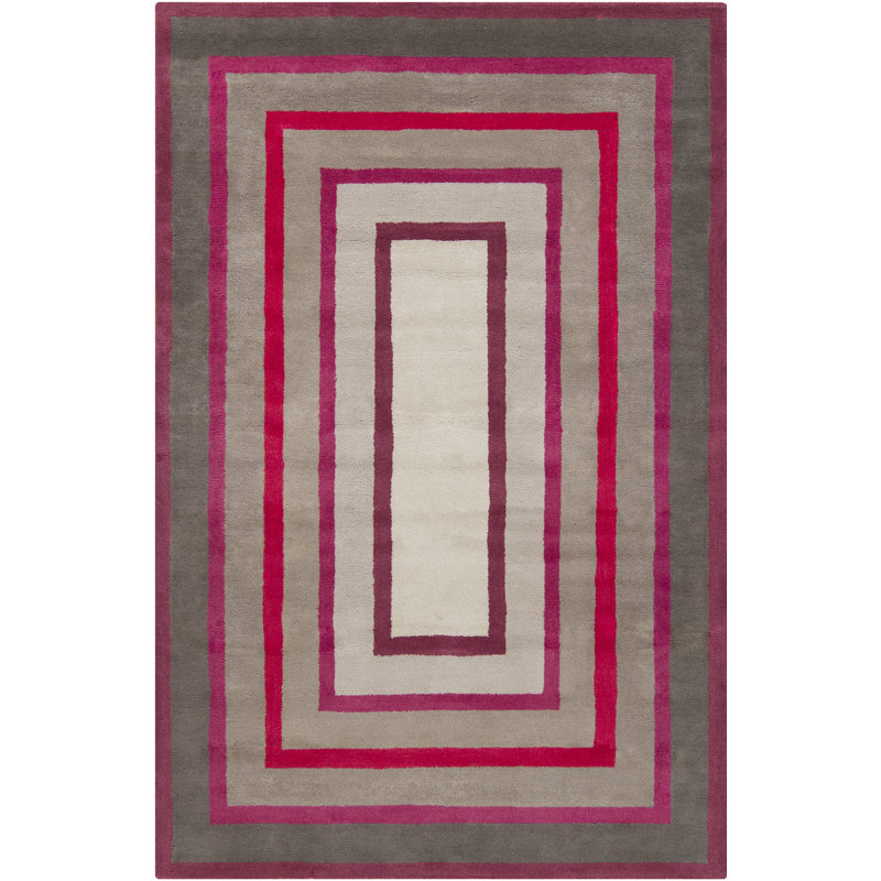 Tapis moderne en laine touffeté à la main gris, rose, mauve et rouge Borset Authentic, Rectangulaire 8 pi x 10 pi