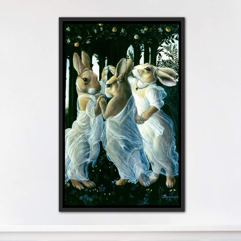 « Bunny graces » par Melinda Copper-impression d’art graphique, H 40 po x l 26 po x P 1,5 po, Toile avec cadre noir