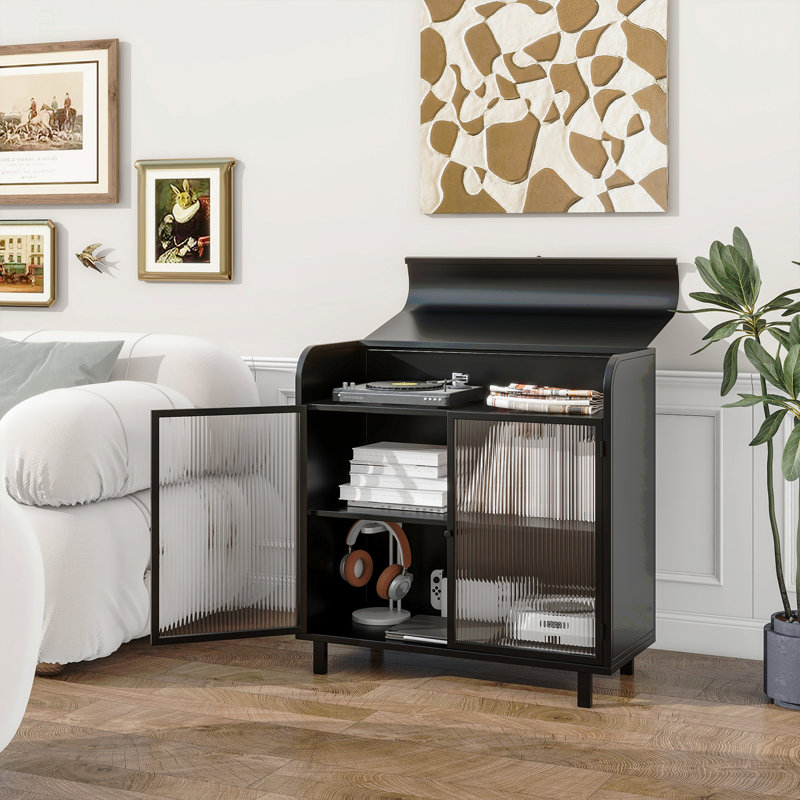 Buffet moderne avec portes en verre trempé figuré, dessus rabattable, tablettes intérieures, console de rangement en métal pour la salle à manger, la cuisine, le salon et le vestibule