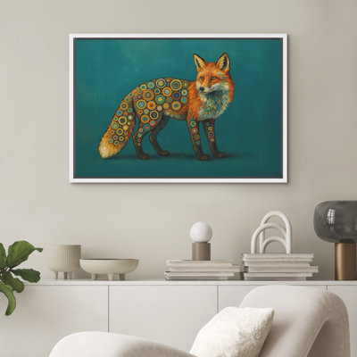 Whimsical Fox Wall Art - Colorful Geometric Animal Print on Teal Background, Framed Playful Decor for Kids' Room or Eclectic Spaces
