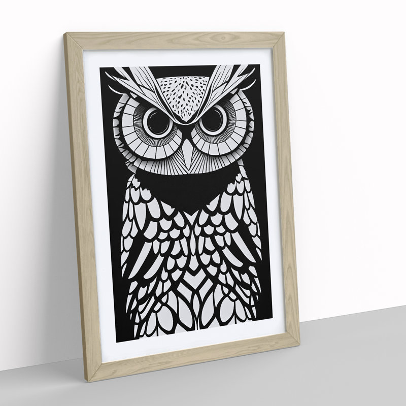 Owl Monochrome No.1 1 Piece Single Picture Frame Painting, 34cm H x 25cm W x 2cm D, Oak
