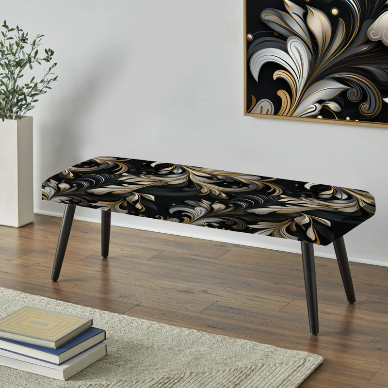 Deep Black Silver Elegance I - Glam Upholstered Black Bench