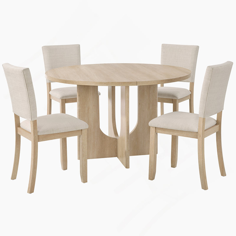 Ensemble de table de salle à manger 5 pièces, table de salle à manger ronde avec 4 chaises rembourrées, Chêne clair, Beige