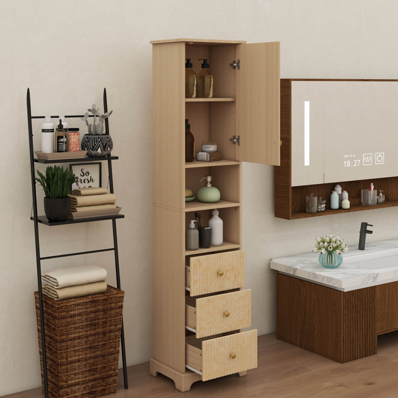 Armoire de salle de bain autoportante de 67,7 pouces de hauteur au design américain classique, avec 1 porte avec tablette réglable, 3 tiroirs, rangement ouvert et aménagement peu encombrant