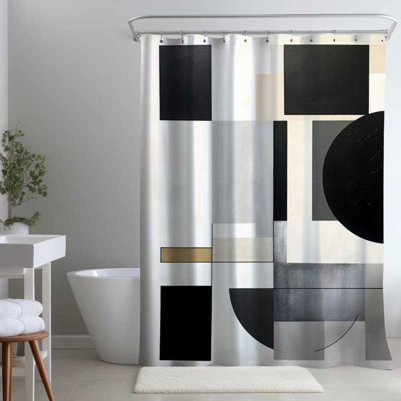 Shower Curtain PA26 – Polyester Shower Curtain, Dye Sublimation Print, 71" W × 74" L, Black/Gray Abstract Geometric