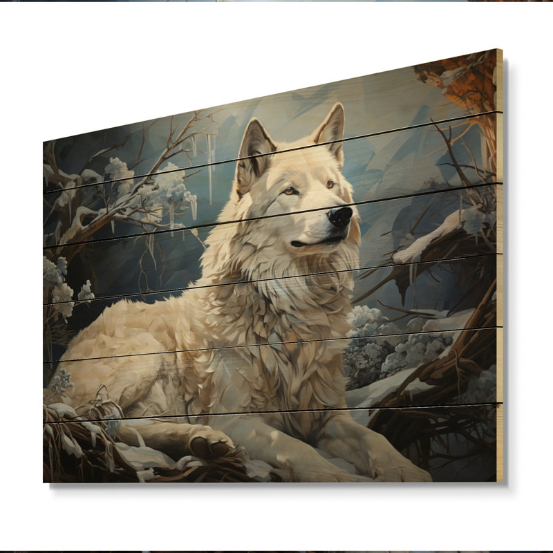 Brannic Wolf en hiver avec patchwork III sur bois, H 30 po x l 40 po x P 0,78 po