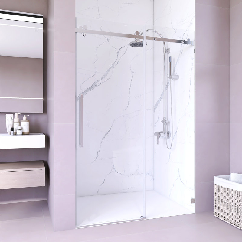 Porte de douche coulissante simple sans cadre de 44 po à l 48 po x H 72 po avec verre trempé transparent de 1/4 po (6 mm) d'épaisseur, revêtement facile à nettoyer, quincaillerie en acier inoxydable