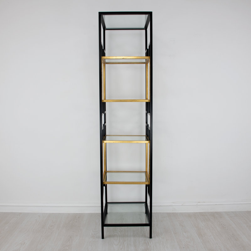 Bullani Geometric Bookcase, (5 Shelves) 80" H x 24" W x 18" D, Black/Gold