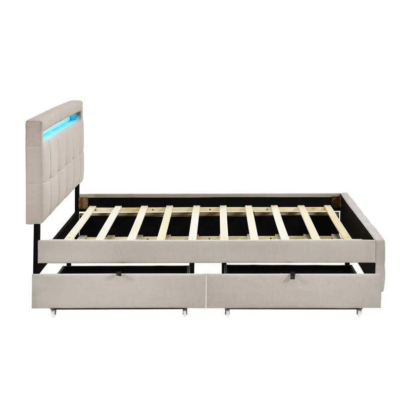 Upholstered Platform Bed With LED Frame and 2 drawers, Twin, Beige