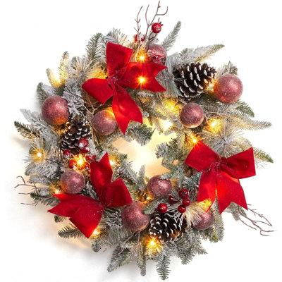 24-Inch Snow-Flocked Wreath – 30 LEDs, 8 Modes & Red Bows for Door or Window