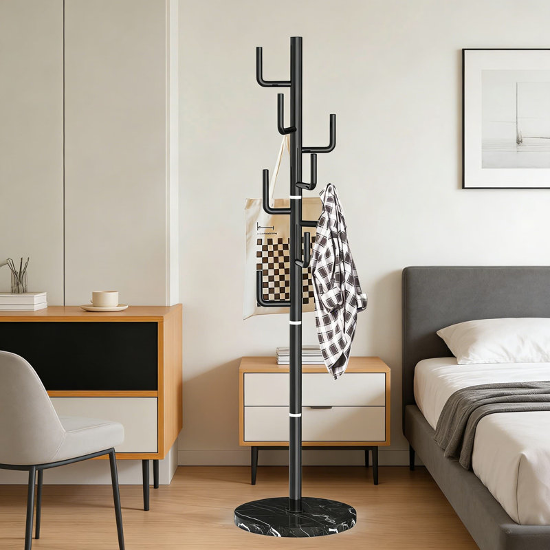 Modern Freestanding Coat Rack With Natural Marble Base And 8 Hooks, Heavy Duty Metal Coat Stand For Entryway, Office, Living Room, And Bedroom