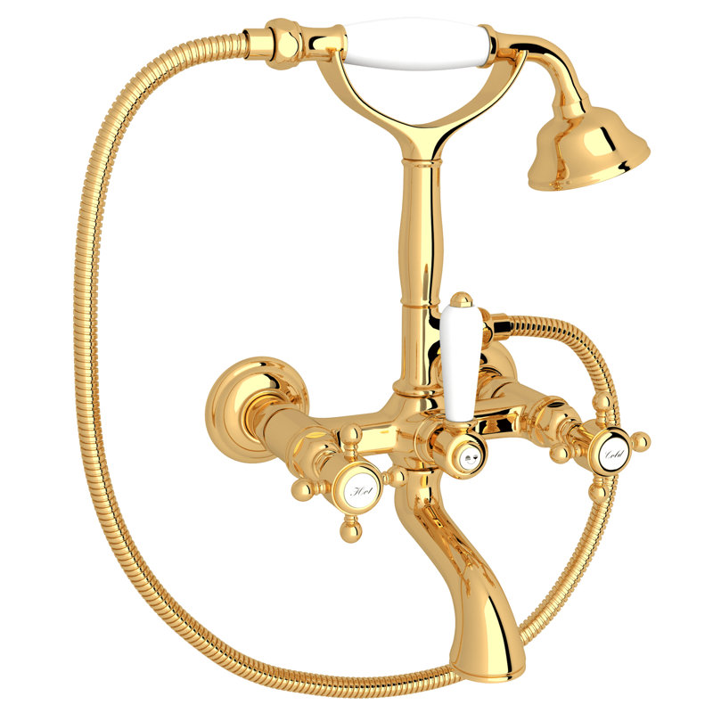 Country Exposed Wall Mount Tub Filler, Italian Brass, Metal Cross Handle