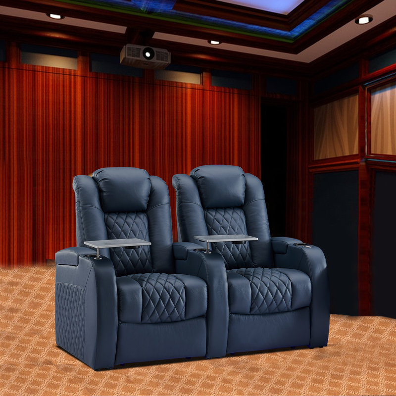 Chaise de théâtre avec ports USB et porte-gobelets (ensemble de 2), Cuir véritable bleu