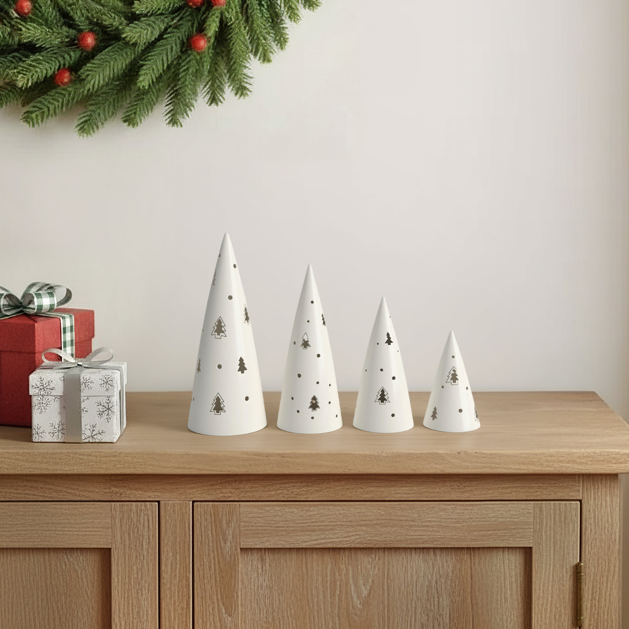 10.75"H, 9"H, 7"H And 5.5"H Lighted Porcelain Cone Trees; White