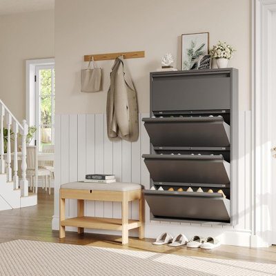Ultra-Slim 6" Deep Metal Shoe Cabinet with 4 Flip Drawers, Wall-Mount or Floor-Standing, Open-Back Ventilation for Entryway
