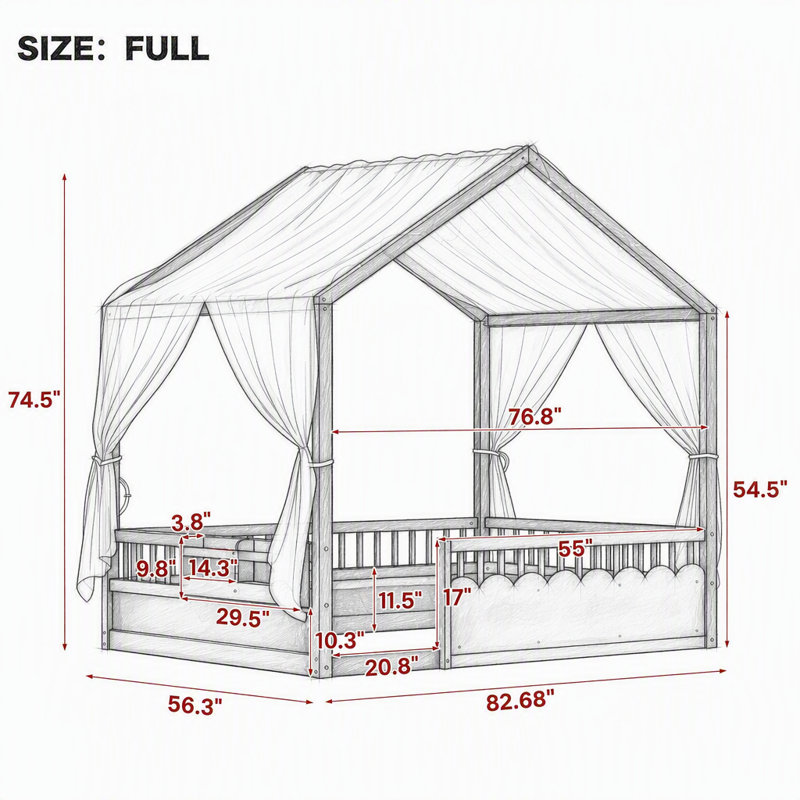 Lit pour enfants Montessori, structure de lit à baldaquin en bois avec barrières de sécurité et porte, guirlande lumineuse et bibliothèque intégrées, lit à profil bas, pas de sommier tapissier nécessaire